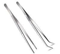 Set di 2 pinzette dritte e curve, con manico lungo da 30,5 cm, in acciaio inox, con punte seghettate, comodo manico scanalato per giardino, cucina, interni ed esterni