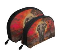 Set di 2 pochette portatili con stampa di elefanti e tramonto, da viaggio, per trucco e organizer per le donne
