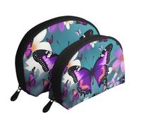 Set di 2 pochette portatili con stampa di farfalle e fiori viola, da viaggio, per il trucco e organizer per le donne