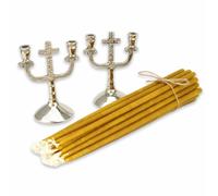 Set di 2 portacandele in argento Croce + 20 candele ortodosse in pura cera d'api