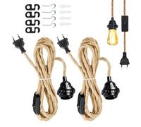 Set di 2 portalampade a sospensione con corda di canapa, portalampada vintage, lampada a sospensione, cavo per lampada, 4,5 m, portalampada E27 con spina, lampada a sospensione singola per uso