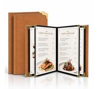 Set di 2 Portamenu in Similpelle Formato A4, Impermeabili e Resistenti, Copertine Menu Eleganti per Ristoranti, Bar, Caffetterie e Hotel, con Inserti Protettivi in PVC (Caramello, 4 Pagine 8 Facciate)