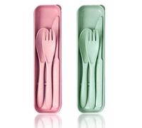 Set di 2 posate da viaggio portatile in plastica, riutilizzabile, con forchetta, cucchiaio, coltello, set di posate da campeggio con scatola, adatto per ufficio all'aperto o uso quotidiano (verde/rosa
