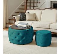 Set di 2 Pouf Contenitore in Velluto, Poggiapiedi Rotondi, Blu