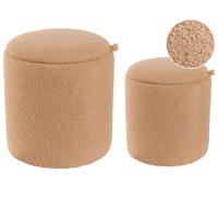 Set di 2 pouf portaoggetti Boucle Rotondo Imbottito Teddy Tessuto Marrone Chiaro