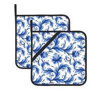 Set di 2 presine blu con fiori bianchi, per cucina, presine resistenti al calore, presine calde per bancone della cucina, presine con anello, presine per cucinare, grigliare e cuocere al forno.