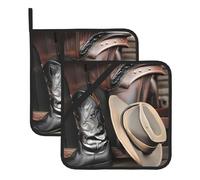 Set di 2 presine con cappello nero da cowboy, stivali western, guanto da forno e presine per cucinare, grigliare e cuocere al forno