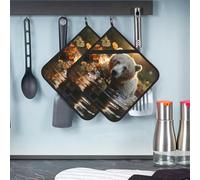 Set di 2 presine con tasca a forma di orso che attraversa il fiume, resistenti al calore, spesse, con passanti per appenderli, presine da forno, per cucina, cucina, sottopentola, 20 x 20 cm
