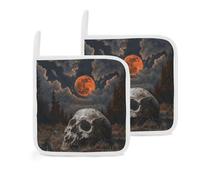 Set di 2 presine con teschio e notte, resistenti al calore, con anello per appenderlo per una facile conservazione, resistenti cuscinetti caldi per cucina, cottura, cottura, 20,3 x 20,3 cm