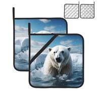 Set di 2 presine da cucina resistenti al calore con passanti per appendere presine da cucina a forma di orso polare bianco con animali fantastici, sottopentola lavabili, sottopentola antiscivolo, set