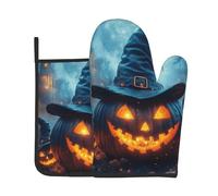 Set di 2 presine da forno con stampa di fantasmi di Halloween, con zucche di Halloween, guanti resistenti al calore, per cucinare, barbecue, decorazioni per la cucina