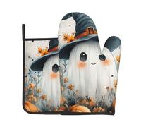 Set di 2 presine da forno con stampa di fantasmi di Halloween, guanti resistenti al calore, presine per cucinare, barbecue, decorazioni per la cucina