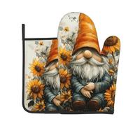 Set di 2 presine da forno con stampa di girasole, gnomo, zucca e girasole, resistenti al calore, per cucinare, barbecue, decorazioni da cucina