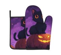 Set di 2 presine da forno con stampa di zucca e gatto nero, resistenti al calore, per cucinare, barbecue, decorazioni da cucina.