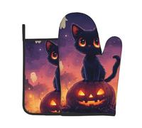 Set di 2 presine da forno con stampa di zucca e gatto nero, resistenti al calore, per cucinare, barbecue, decorazioni da cucina.