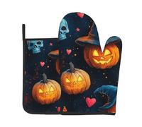 Set di 2 presine da forno con stampa di zucche di Halloween, con 3 tappetini per padelle, guanti resistenti al calore, per cucinare, barbecue, cottura, decorazioni per la cucina.