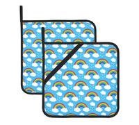 Set di 2 presine decorative resistenti al calore con stampa arcobaleno e nuvole con gocce di pioggia, per cucina, decorazioni per le vacanze