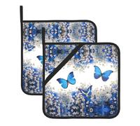 Set di 2 presine decorative resistenti al calore, con stampa di farfalle blu e fiori bianchi, per cucina, decorazioni per le vacanze