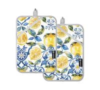 Set di 2 presine resistenti al calore da cucina in stile siciliano con limoni e fiori blu, set di presine per forno, barbecue, cucina quotidiana