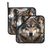 Set di 2 presine resistenti al calore Lmage of wolf in the snow Oven Hot Pads Presine lavabili per cucina sottopentola quadrato con passanti per appendere tappetini caldi per barbecue cottura 20 cm x