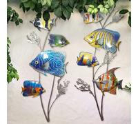 Set di 2 quadri da appendere alla parete per esterni, decorazione da giardino, design di pesci, in metallo, multicolore