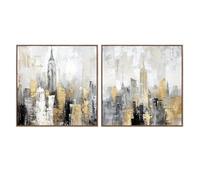 Set di 2 Quadri su Tela con Città Skyline e con Parte Dipinta a Mano in Bianco, Nero e Grigio, 3,5 x 80 x 80 cm