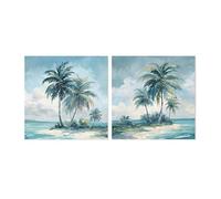 Set di 2 Quadri su Tela con Palme e con Parte Dipinta a Mano in Bianco, Blu e Verde, 3 x 60 x 60 cm