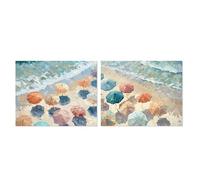 Set di 2 Quadri su Tela con Spiaggia e ombrelloni e Parte Dipinta a Mano in Bianco, Blu e Beige, 3 x 50 x 40 cm