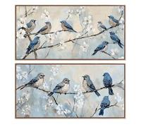 Set di 2 Quadri su Tela con Uccelli e con Parte Dipinta a Mano, in Bianco e Blu, 3,5 x 120 x 60 cm