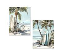 Set di 2 quadri su tela in legno di una spiaggia in bianco, verde e blu, 30 x 3 x 40 cm