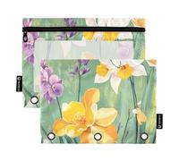 Set di 2 sacchetti trasparenti per cosmetici, organizer da ufficio con 3 anelli, motivo: fiori, orchidee, narcisi, lavanda, verde lavanda, Fiori Orchidea Narciso Verde Lavanda, one sizex2