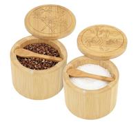 Set di 2 sale in bambù con cucchiaio integrato, barattolo per spezie con coperchio girevole magnetico, per sale marino e pepe, elegante scatola per sale da cucina, set di contenitori per spezie