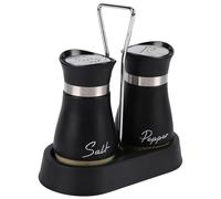 Set di 2 saliera e pepiera, con supporto, in acciaio inox e vetro, dispenser per cucina, cucina, campeggio, colore: nero