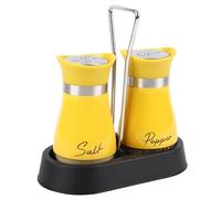 Set di 2 saliera e pepiera, con supporto, in acciaio inox e vetro, dispenser per cucina, cucina, campeggio (giallo)