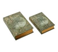 Set di 2 scatole per Libri Decorate con Mappa del Mondo in Verde, 6,5 x 30,2 x 20,5 cm