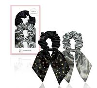 Set di 2 Scrunchie in Seta townssilk, con Fiocco, 100% Seta di Gelso, 22 Momme, Elastico per Capelli, Voluminoso & Delicato, Certificato OEKO-TEX - Nero + Grigio Chiaro