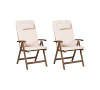 Set di 2 sedie da giardino rustiche in legno d'acacia naturale e cuscini beige chiaro