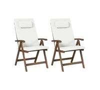 Set di 2 sedie da giardino rustiche in legno d'acacia naturale e cuscini bianco