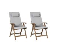 Set di 2 sedie da giardino rustiche in legno d'acacia naturale e cuscini grigio chiaro
