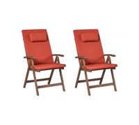 Set di 2 sedie da giardino rustiche in legno d'acacia naturale e cuscini rosso