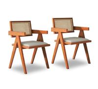 Set di 2 sedie da pranzo in rattan, cuscino di seduta in pelle/rattan, con braccioli, design a V rovesciata, sedie da pranzo in stile rustico europeo retrò per cucina, ristorante Light Walnut Style 1