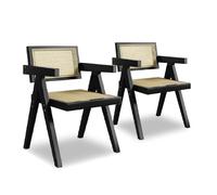 Set di 2 sedie da pranzo in rattan, cuscino di seduta in pelle/rattan, con braccioli, design a V rovesciata, sedie da pranzo in stile rustico europeo retrò per cucina, ristorante, ba Black Rattan Mat