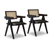 Set di 2 sedie da pranzo in rattan, cuscino di seduta in pelle/rattan, con braccioli, design a V rovesciata, sedie da pranzo in stile rustico europeo retrò per cucina, ristorante, bar Black Style 1