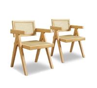 Set di 2 sedie da pranzo in rattan, cuscino di seduta in pelle/rattan, con braccioli, design a V rovesciata, sedie da pranzo in stile rustico europeo retrò per cucina, ristorante, bar Wood Rattan Mat