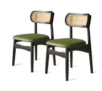 Set di 2 sedie da pranzo moderne in rattan, con struttura in legno massello e spugna ad alta densità, stile MidCentury, per sala da pranzo, soggiorno, ufficio, nero e verde scuro