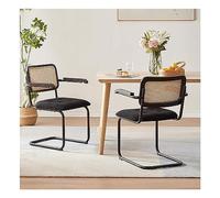 Set di 2 sedie da pranzo moderne Mid-Century in rattan con braccioli, seduta in velluto e schienale intrecciato, eleganti sedie laterali per sala da pranzo e cucina, altezza 65 cm, verde/nero/grigio