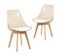 Set di 2 sedie da pranzo moderne scandinave con gambe in faggio naturale certificate SGS, schienale ergonomico, in pelle sintetica di poliuretano trasparente marrone e bianco, ideali per cucina