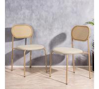 Set di 2 sedie da sala da pranzo, sedia da bistrot con schienale in rattan e PU, seduta imbottita e 4 piedi regolabili, poltrona da pranzo retrò per cucina, soggiorno, beige