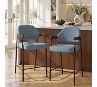 Set di 2 sgabelli da bar, girevoli a 360°, con schienale e braccioli | Mid-Century Sgabello da bar in legno piegato con gambe in metallo, imbottito, portata 150 kg, per isola della cucina