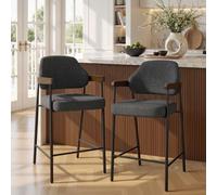 Set di 2 sgabelli da bar, girevoli a 360°, con schienale e braccioli | Mid-Century Sgabello da bar in legno piegato con gambe in metallo, imbottito, portata 150 kg, per isola della cucina